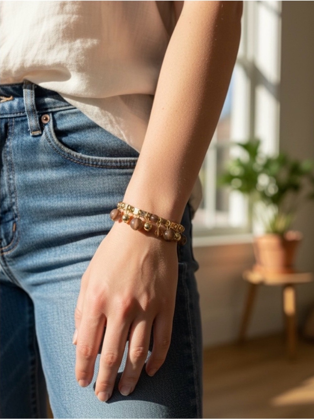Gold Beaded Stretch Bracelet with Brown Gem Accents